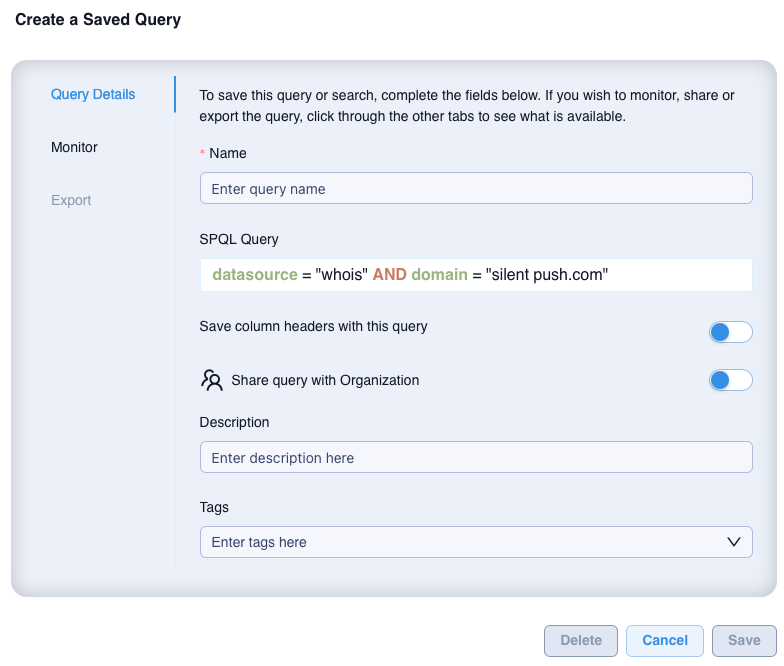 Creating a saved query with SPQL query details and options for sharing.